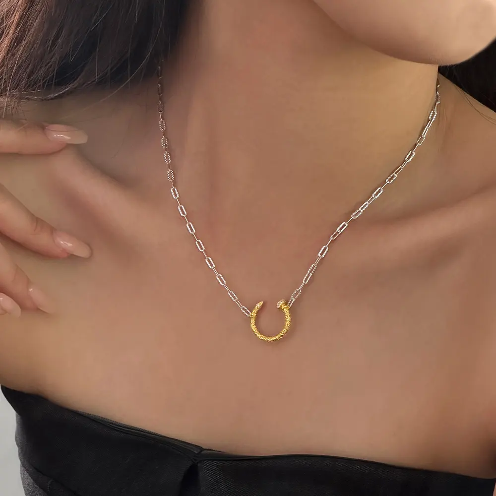 Unique 925 sterling silver statement necklaces 18k gold plated u shape pendant two color fashion jewelry necklace