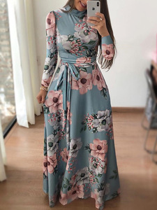 Abiti slim da <span class=keywords><strong>donna</strong></span> Abito casual a maniche lunghe con scollo rotondo e stampa floreale, gonna lunga fino al pavimento, <span class=keywords><strong>abbigliamento</strong></span> da <span class=keywords><strong>donna</strong></span> - Product Image 5