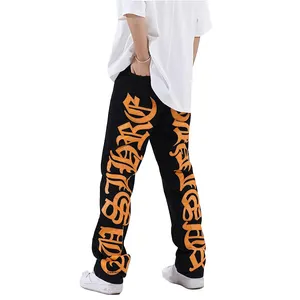 Logo personnalisé lettre Écusson brodé jeans en denim hommes droit Hip-Hop jeans streetwear jogging décontracté jeans empilés de haute qualité