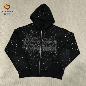 Custom Bulk Luxury Shining Gemstone Oversized Rhinestone Zip up Hoodie Acid Wash Vintage Streetwear Zipped Hoodie <b>for</b> Men - Product Image 1