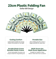 Éventail pliable promotionnel en plastique de 23 cm avec logo personnalisé, motif dollar, pour festivals, vente en gros