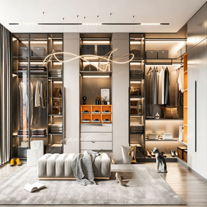 BALOM Tailored Modern Walk in Closet With Matte Finish Cabinets Glass <strong>Inserts</strong> LED Lighting and Attached Makeup Station - Product Image 2
