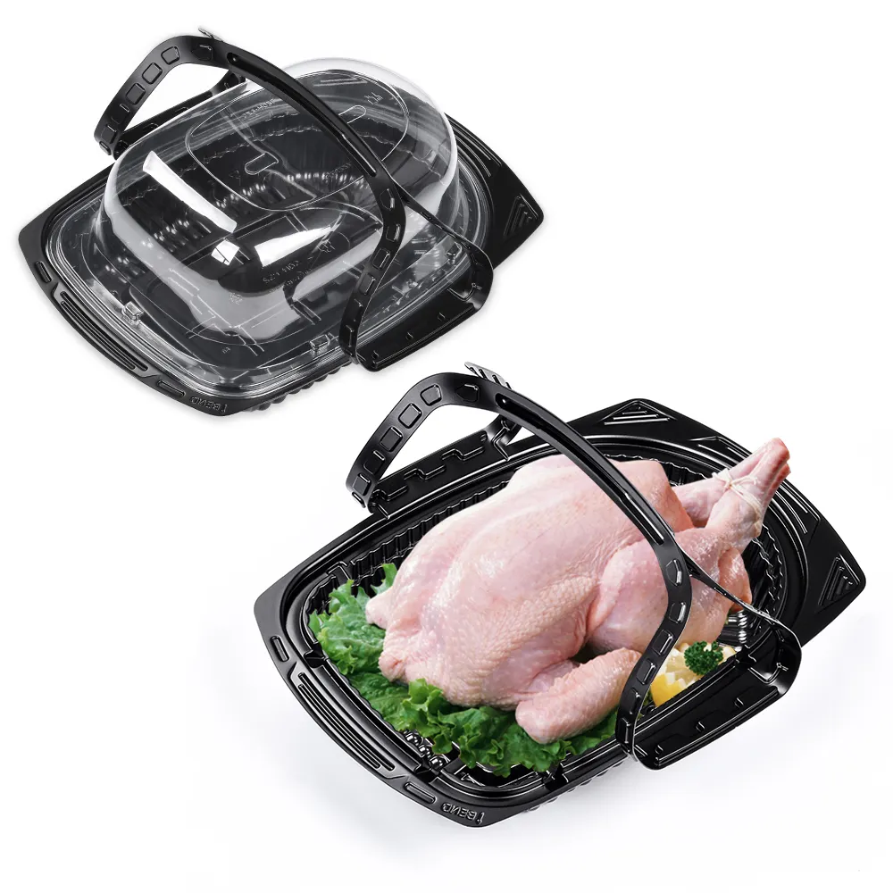 Paquete Sunzza de calidad alimentaria desechable embalaje fresco negro empaquetado bandeja de plástico de pollo congelado para pollo congelado con tapa antivaho