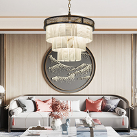 Lustre pagode à 3 niveaux en albâtre naturel |   Suspension LED en laiton à motif ondulé d'inspiration asiatique pour salle à manger