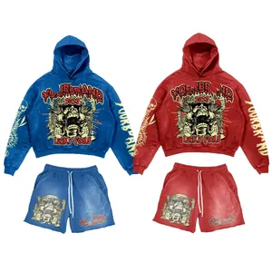 Hoodie dan celana pendek logo kustom kualitas tinggi set pulover cuci asam DTG hoodie motif hip hop katun pakaian olahraga pudar matahari