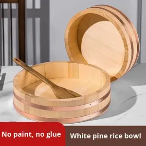 ถังข้าวญี่ปุ่น-เกาหลีแบบผสมผสานของโรงแรมนิวเวลล์ ถังซูชิไม้สนสีขาวทรงกลมแบบมีฝาปิด - Product Image 2