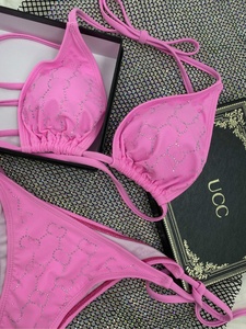 Costume da bagno Bikini a vita alta da donna slip solidi traspiranti e abito da bagno a fascia triangolare con motivo a maglia a due pezzi - Product Image 3