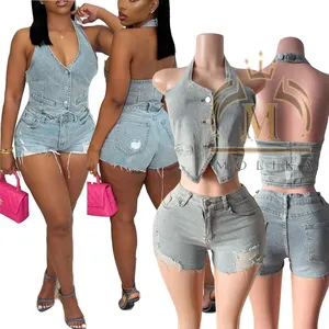 Yüksek kaliteli kadın Denim Suit Backless mahsul yelek ve kısa kot pantolon takım Lady Casual Streetwear iki parçalı Denim şort setleri kadınlar