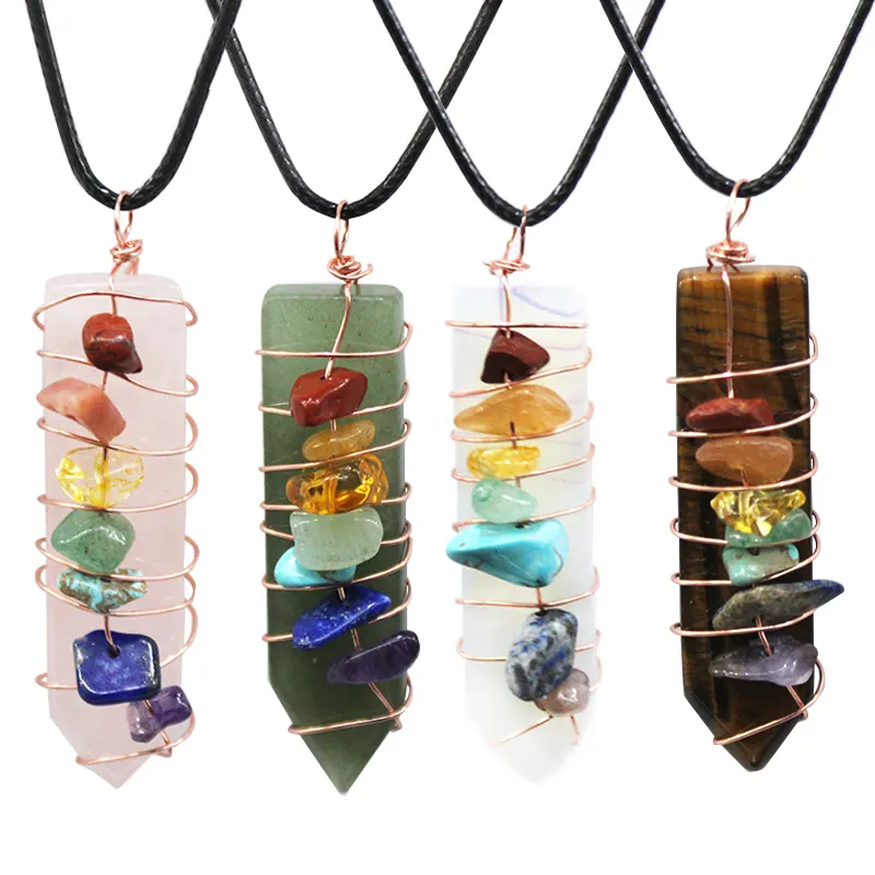 7 Chakra Chip Kralen Amethyst Hanger Ketting Handgemaakte Draad Gewikkeld Natuursteen Healing Chakra Ketting Met 20 "Ketting