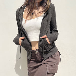 Sweat à capuche pour femme, couleur unie, taille à cordon de serrage, bordure côtelée, poche zippée, panneaux - Product Image 3