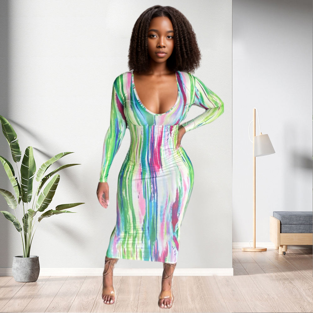 Shop Our Wholesale Sexy Multicolor Print V Neck Bodycon Dress