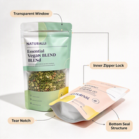 MOQ 500 Sachets en plastique refermables imprimés par gravure pour emballage alimentaire, avec fenêtre transparente