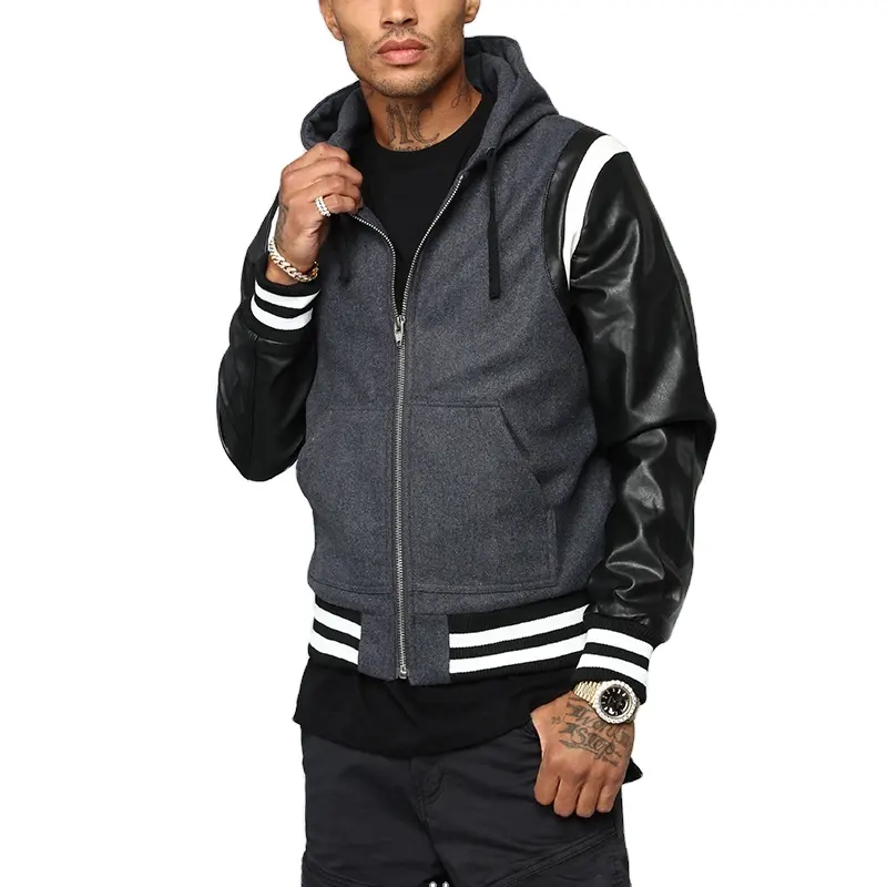 Grey Body and Black Leather Sleeves Patchwork OEM Letter Man Jacket