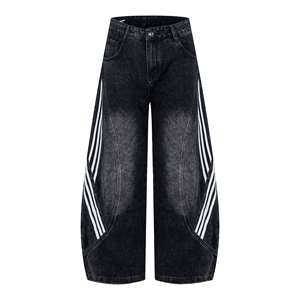 JL Blacklists Y2K Hip Hop American Retro Jeans de Mezclilla de Talle Medio, Estilo Recto, Lavado Desgastado, con Parches a Rayas, Estilo Scimitar, 100% Algodón Pesado - Product Image 1