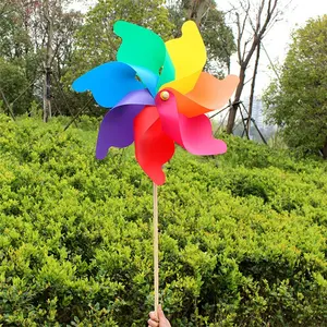 Moulin à vent en plastique Poly pétale arc-en-ciel 60cm, bâton en bois, jardin extérieur pinwheel, moulin à vent en bois pour enfants, jouet