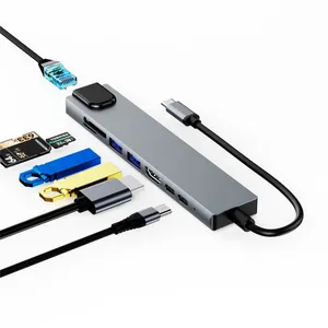 Hub USB 8 In 1 Adaptor Multifungsi, Hub USB 3.0 Tipe C Aluminium untuk MacBook Pro iPad Dell XPS USB C Hub