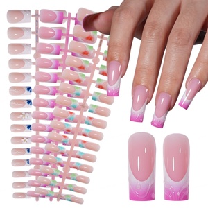 Faux ongles de luxe à presser, carrés moyens, couvrance totale, faits main, avec fleurs 3D et strass, style French en gel - Product Image 1