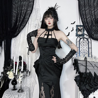 Y2K Goth Cross Lace See Through Flared Sleeve Club Vestidos Vintage Punk Elegante Lace-up Maxi Dress Halloween
