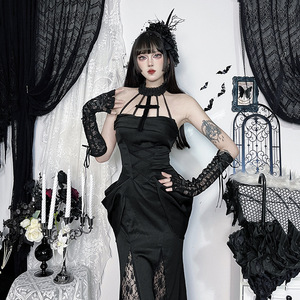 Y2K Goth Cross Lace See Through Flared Sleeve Club Vestidos Vintage Punk Elegante Lace-up Maxi Dress Halloween - Product Image 3