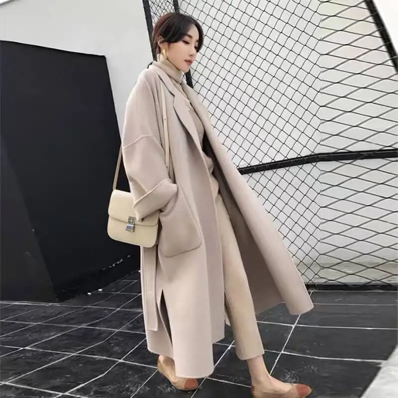 Bán Sỉ Áo Khoác Maxi Len Mùa Thu Đông Cho Nữ Áo Khoác Cardigan Dáng Rộng Màu Trơn Ve Áo Có Thắt Lưng Áo Khoác Dài Thanh Lịch Cho Nữ