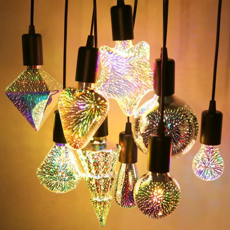 Romantische Atmosphäre RGB Bunte E26 E27 Vintage Edison Glas 3D-Effekt LED Feuerwerk Glühbirne Mit Stern Herz Für Home Festival Geschenk