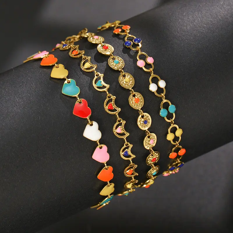 SL22167 Bohemia Colorful Enamel Stainless Steel Chain Heart Moon Bracelets Women Fashion Jewelry Wholesale