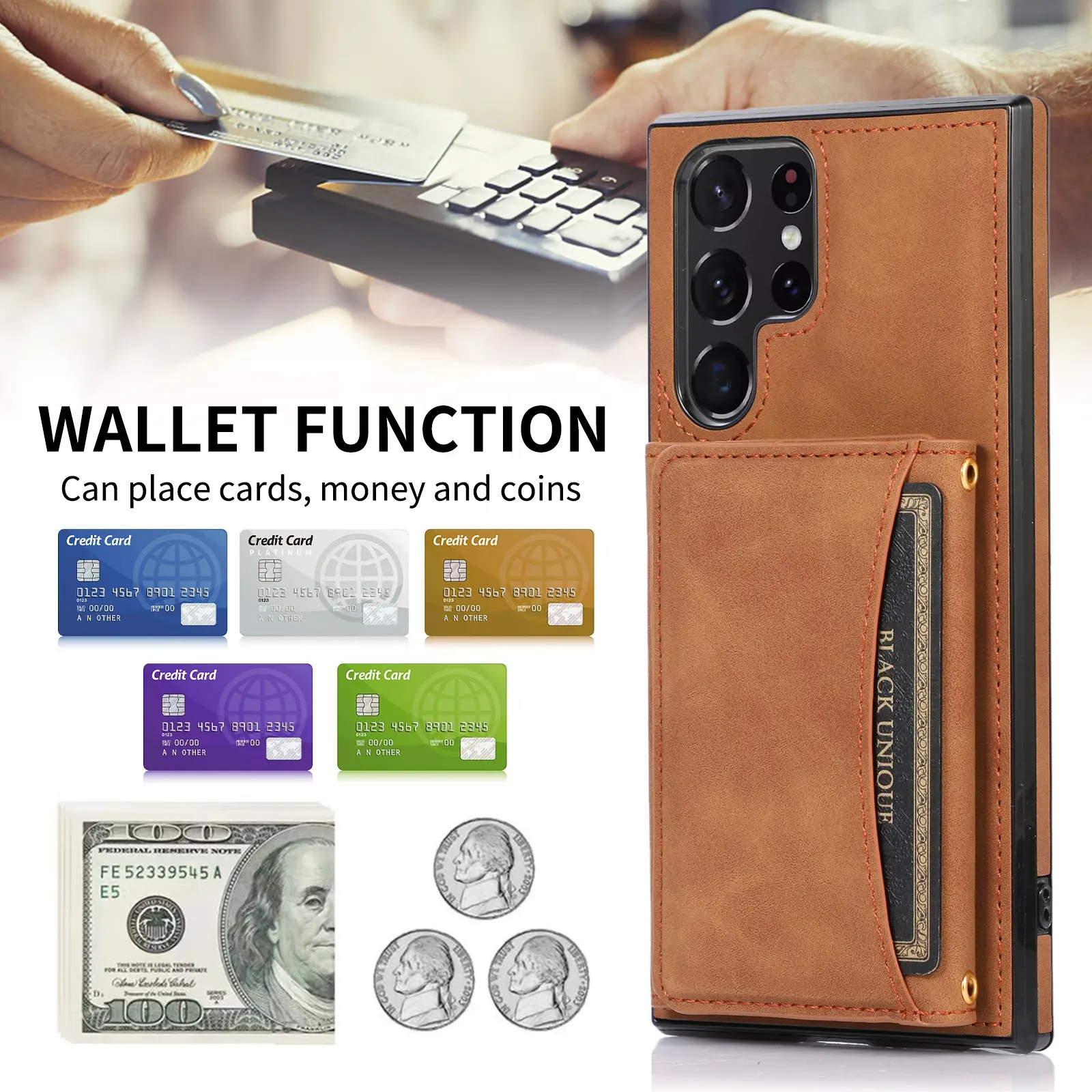 Carteira de couro pu para celular, revestimento rígido para celular samsung s22 s22 plus com espaço para cartão de crédito