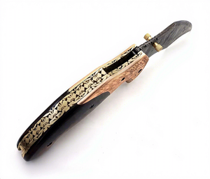 Cuchillo de bolsillo plegable con mango de acero de Damasco OEM personalizado, hoja recta con punta caída, hecho a mano, para caza, camping, supervivencia y uso general. - Product Image 6
