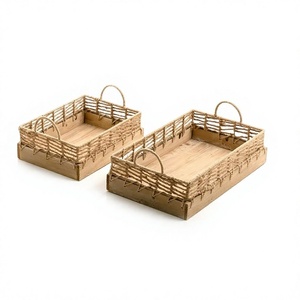 Ensemble de deux plateaux de service en bois et corde, de tailles différentes, pour restaurants et hôtels, plateaux de petit-déjeuner à prix abordables - Product Image 1