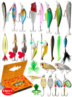 Kit de matériel de pêche 24 pièces ensemble d'appâts durs artificiels pour bar de mer poisson-chat eau douce eau salée métal leurre accessoires boîte aveugle