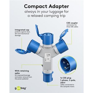 Blue Cee Camping <b>Adapter</b> 16A <b>Plug</b> 3x230V Sockets IP44 Outdoor Use - Product Image 6