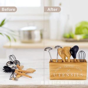 Wooden cutlery storage box, multi-purpose draining chopstick holder, condiment storage, <b>desktop</b> wooden tissue box, <b>shelf</b> - Product Image 1