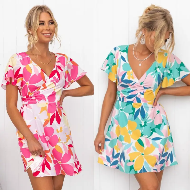 Floral Dress Sexy Summer Lace Up Hollow Out Dress Short Sleeve V-neck Beach Bohemian Dresses