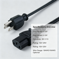 Cable de Alimentación para Computadora de Escritorio, NEMA 5-15P a IEC320 C13, Cable de Alimentación de 16AWG, Certificado CUL, CCUL, REACH, RoHS, OEM