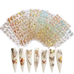 Mariposas láser 3D autoadhesivas para decoración de uñas, calcomanías para uñas artísticas, color dorado y plateado, 8 estilos