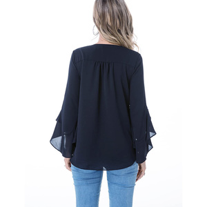 Blusa de gasa de verano de diseñador para mujer, blusas holgadas de Color sólido, manga 3/4, cuello en V, Jersey plisado, camisas con patrón estampado - Product Image 3