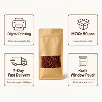 Sachet autoportant en kraft avec fenêtre, fond plat, refermable à fermeture éclair, à découpe en U, finition mate, pour emballage alimentaire et produits secs