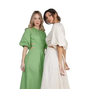 OEM womens 100% cotton dress stylish elegant cut out waist balloon sleeves fashion fresh spring cotton long dress