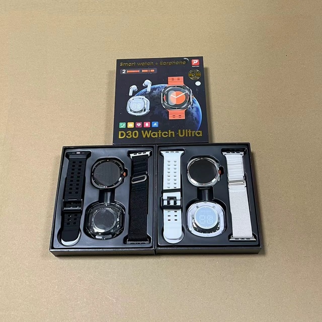 Wholesale D30 Watch Ultra  Smart Watch Two Straps Health Monitoring BT  Call Waterproof Round Screen Smart Watch with Earphone