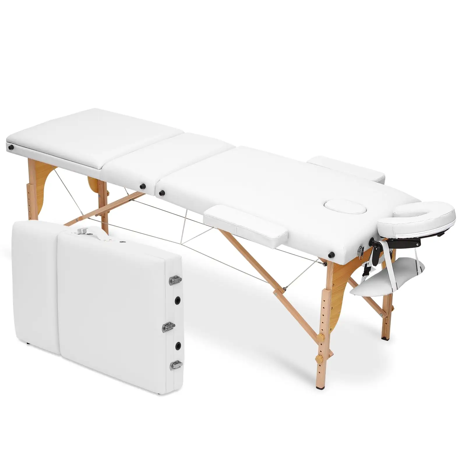 YeFeng 2024 White Massage Bed 3 Foldable Portable Massage Bed Height Adjustable SPA Bed Wooden Frame Foldable