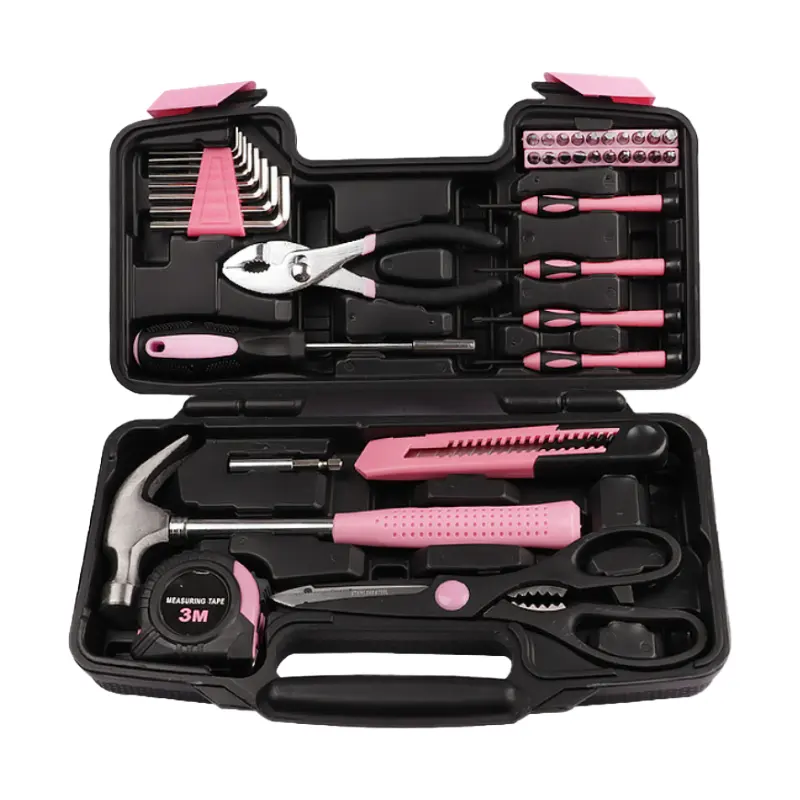 39 Uds. Juego de herramientas para el hogar rosa para mujer con martillo de garra llave inglesa alicates tijeras cinta métrica caja cuchillo para damas