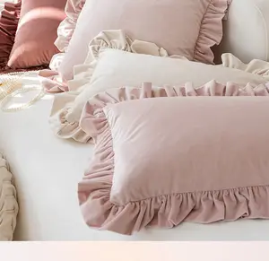 Cuscino da tiro autunnale con volant in velluto bianco rosa 18x18 pollici, fodere per cuscini decorativi quadrati accoglienti e morbidi in tinta unita/