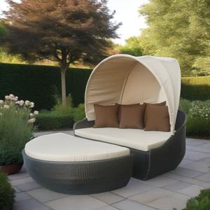 Muebles de ocio al aire libre, tumbona tejida <span class=keywords><strong>a</strong></span> <span class=keywords><strong>mano</strong></span> de exterior, cama de salón de mimbre junto <span class=keywords><strong>a</strong></span> la piscina con otomana y dosel de tela - Product Image 2