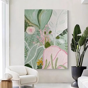 Pintura al óleo floral pintada a mano, arte botánico en lienzo verde y rosa para decoración <span class=keywords><strong>de</strong></span> sala <span class=keywords><strong>de</strong></span> estar - Product Image 5