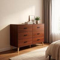Lemari Pakaian 9 Laci Gaya Mid Century Modern, Kabinet Penyimpanan Kayu Lapis, Kaki Runcing, Finishing Walnut, Gudang Perlengkapan Kamar Tidur