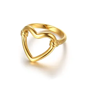 MICCI批发女性时尚饰品18k镀金不锈钢爱心镂空心形戒指