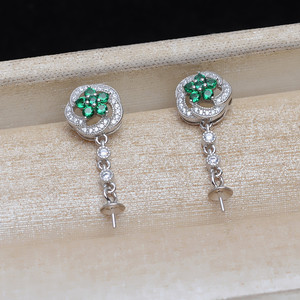 Boucles d'oreilles en argent S925 avec diamants, chaîne simple, boucles d'oreilles en perles pour femmes, support personnalisé en jade, accessoires de bijoux DIY semi-finis - Product Image 2