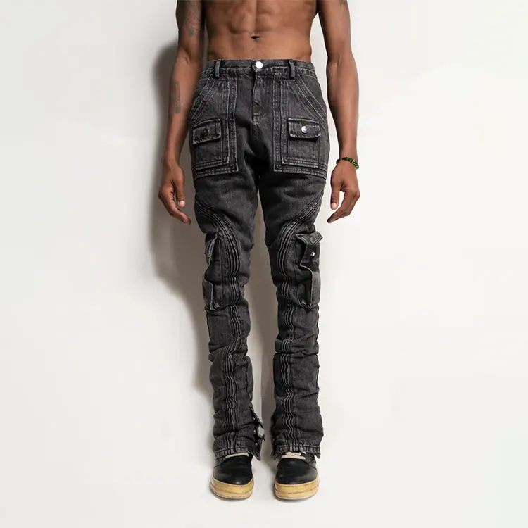 Hiphop Rapper Hoge Kwaliteit Custom Designer Cargo Boot Cut Bootcut Stack Flare Gestapelde Jeans Heren