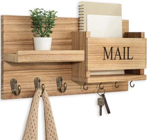 Organizzatore Postale Vintage <span class=keywords><strong>in</strong></span> <span class=keywords><strong>Legno</strong></span> Grigio Rustico <span class=keywords><strong>da</strong></span> <span class=keywords><strong>Parete</strong></span> con Portachiavi, Mensola e Ganci per Lettere, Ideale per Arredamento Rustico - Product Image 1