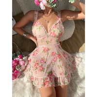 Ensemble de lingerie sexy à imprimé floral, robe de nuit douce et sexy avec string, deux pièces pour femmes, robe de nuit, vêtements de nuit